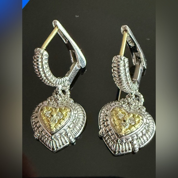 Judith Ripka JR TWO Sterling Silver 18K Gold Diamond Heart Drop Earrings